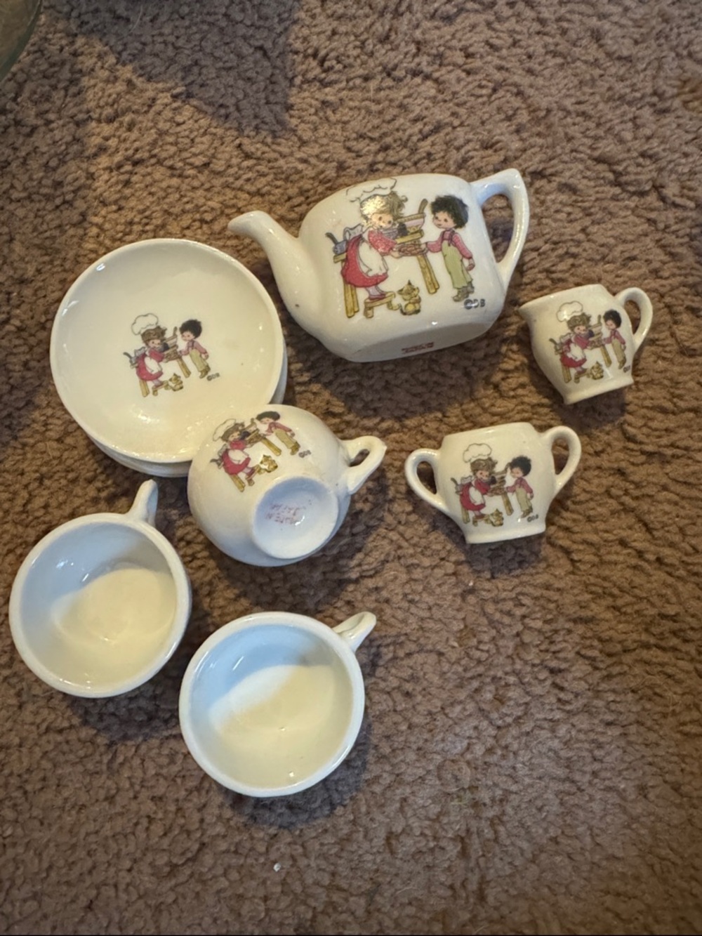 Vintage White Ceramic Children's Tea Set with Chef Illustration